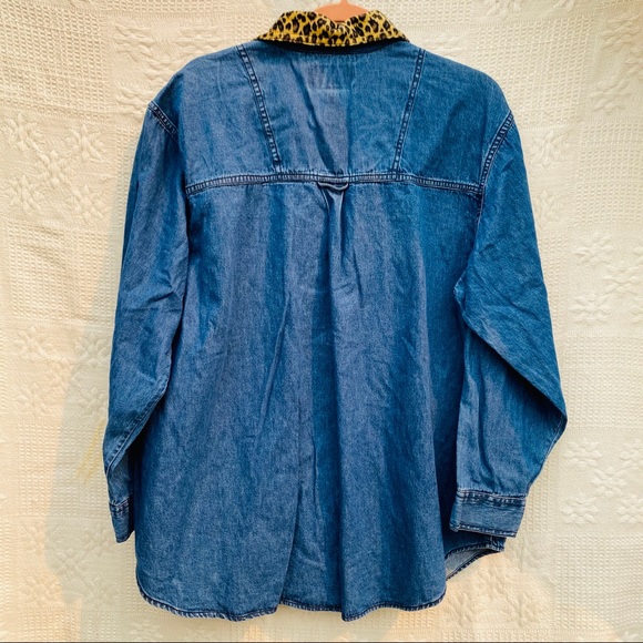 Vintage Denim Coat Leopard Print Fur Neck Lining - Picture 7 of 8